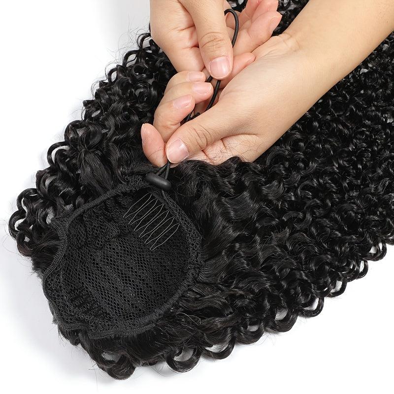 Kinky Curly Human Hair Ponytail Extensions Clip In Drawstring