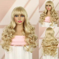Long Wavy Brown Blonde Wig with Bangs