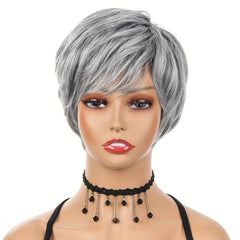 High Temp Synthetic Short Wig with Bangs Mixed Gray Hair Daily Use