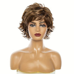 Short Curly Wigs For Women Mixed Brown Wig Pixie Cut Wavy Layered Synthetic Hair