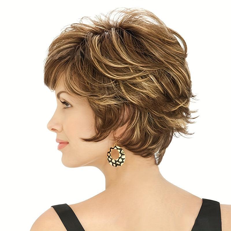 Short Curly Wigs For Women Mixed Brown Wig Pixie Cut Wavy Layered Synthetic Hair