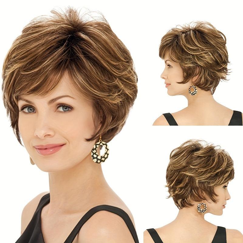 Short Curly Wigs For Women Mixed Brown Wig Pixie Cut Wavy Layered Synthetic Hair