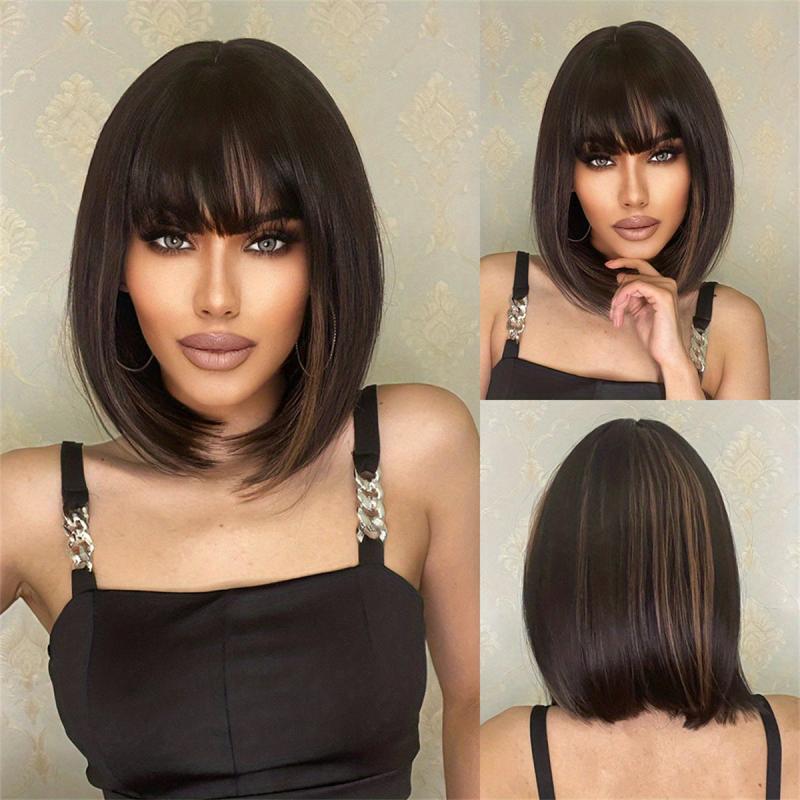 Short Bob Cut Wigs with Bangs for Women Synthetic Hair Replacement Wigs