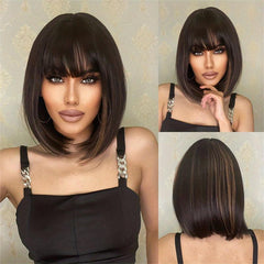 Short Bob Cut Wigs with Bangs for Women Synthetic Hair Replacement Wigs
