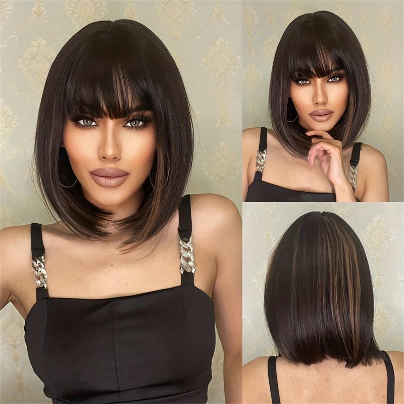 Short Bob Cut Wigs with Bangs for Women Synthetic Hair Replacement Wigs