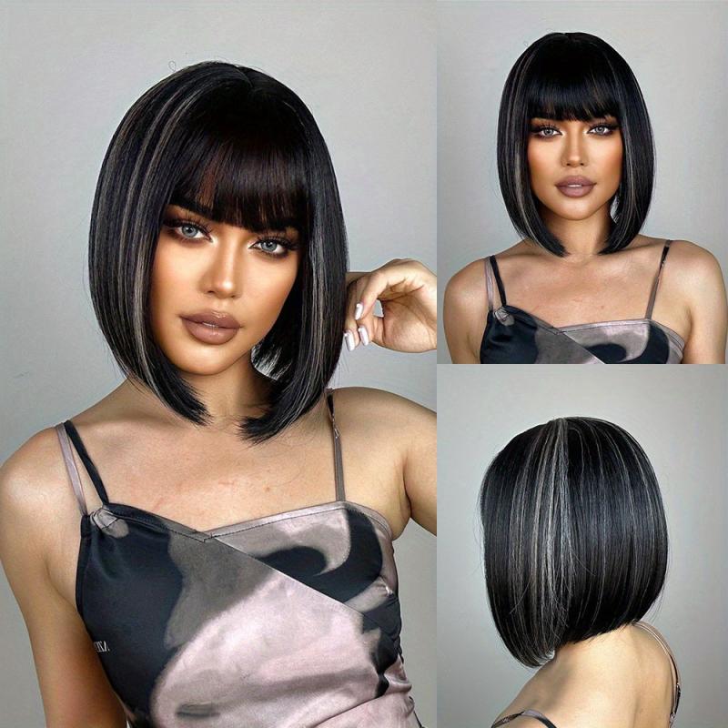 Short Bob Cut Wigs with Bangs for Women Synthetic Hair Replacement Wigs