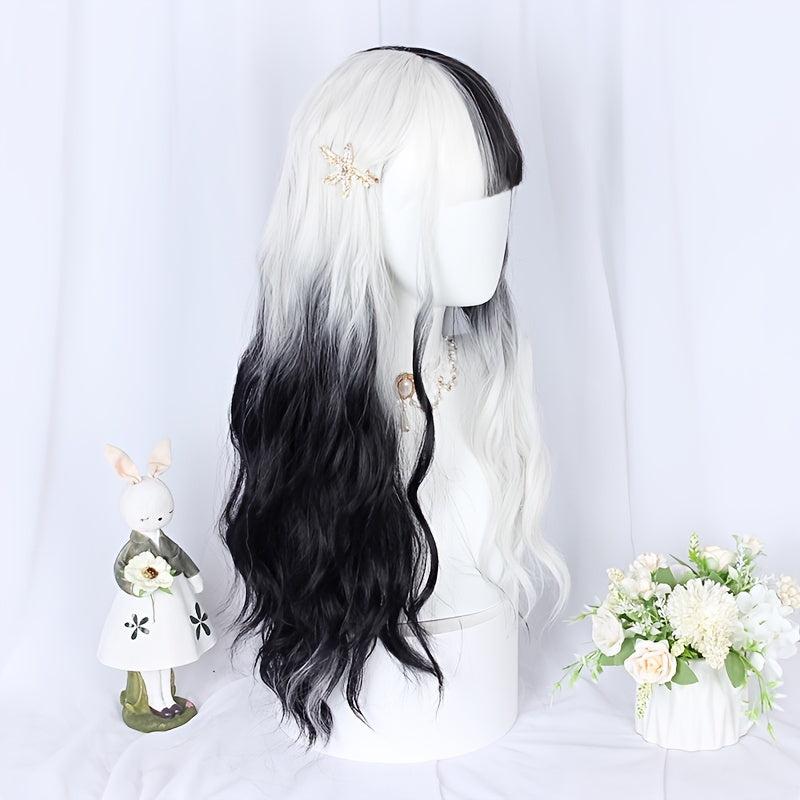Two Tone Medium Long Curly Synthetic Wig With Bangs