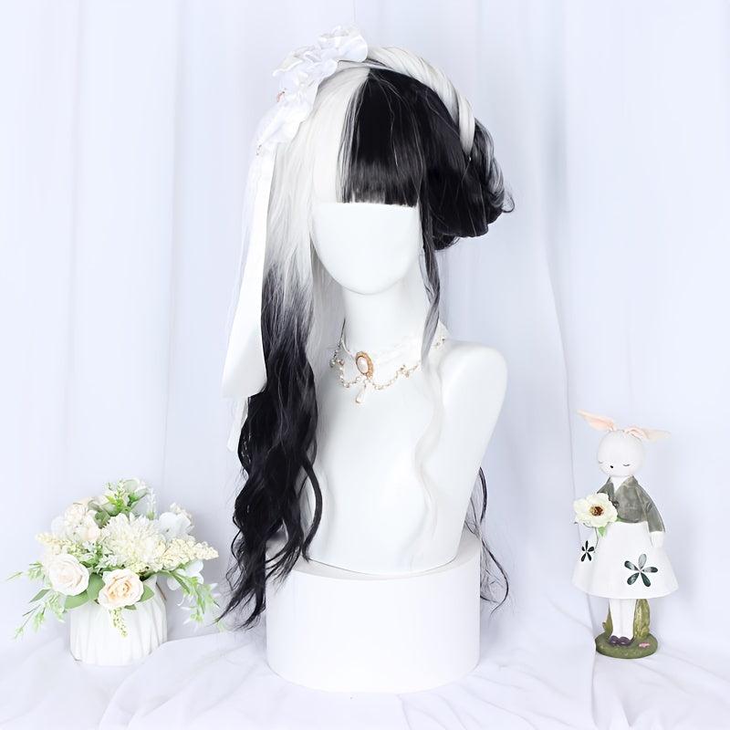 Two Tone Medium Long Curly Synthetic Wig With Bangs