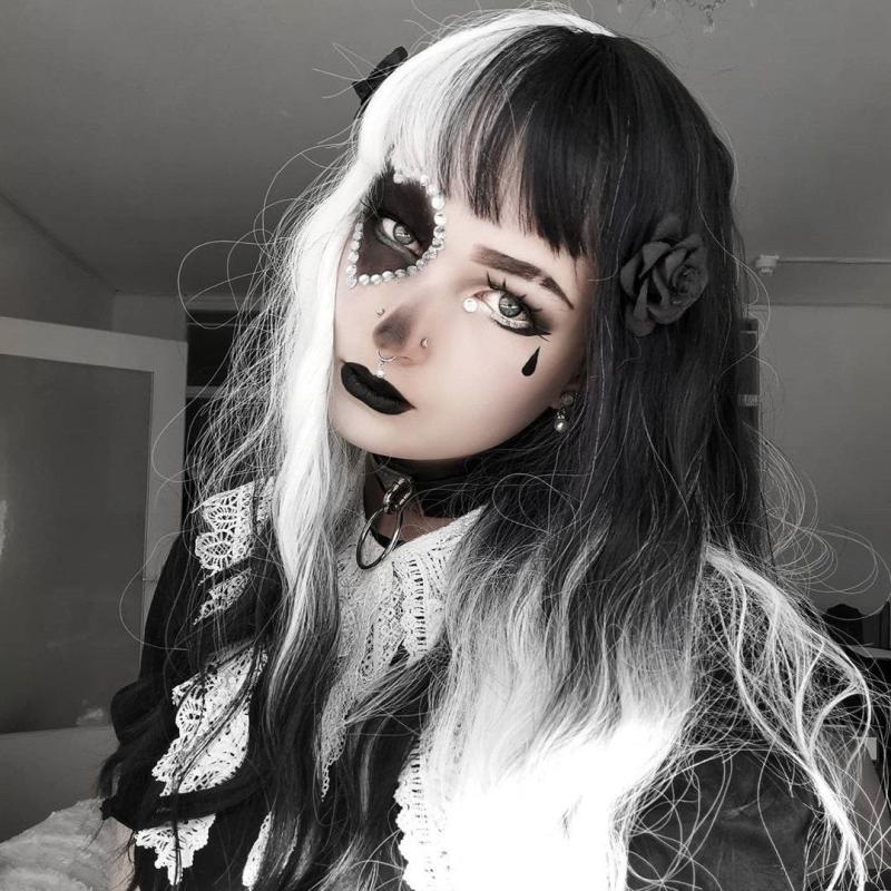 Two Tone Medium Long Curly Synthetic Wig With Bangs