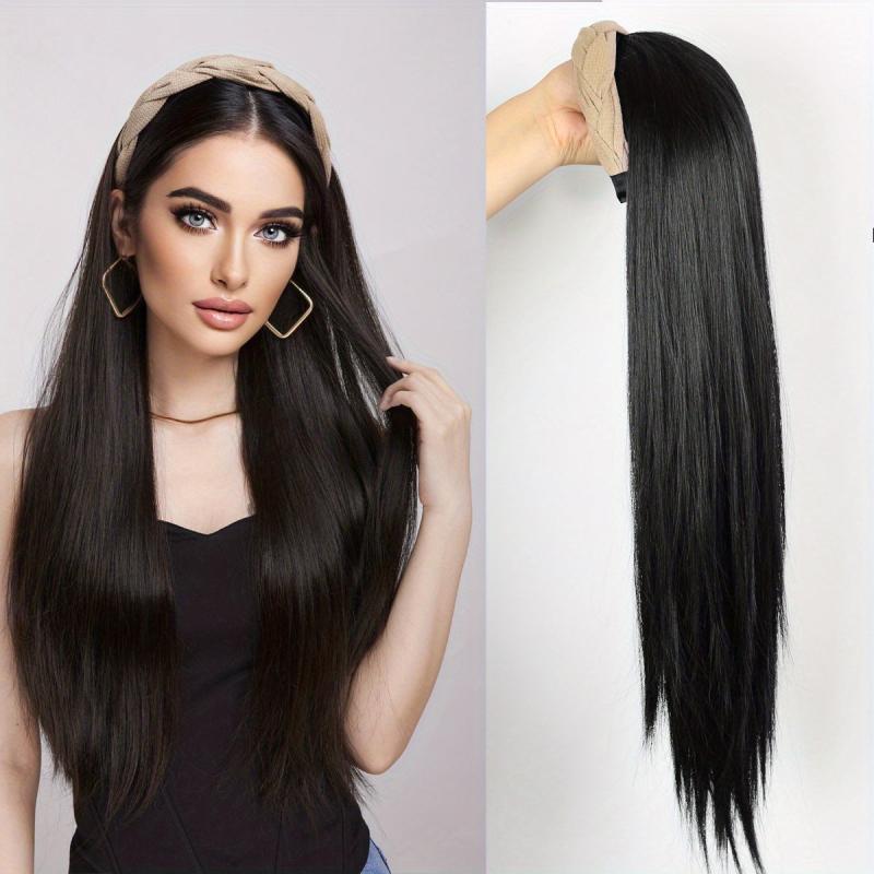 Brown Half Wig Headband Wig Long Straight Wigs With Headband Attached