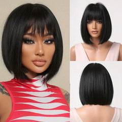 Red Mixed Brown Short Bob Straight Hair Wigs With Bangs For Women Girls