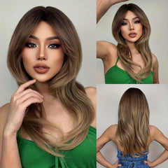 66 04 Cm Dark Brown Long Straight Hair With Bangs Stylish Synthetic Wig LC259