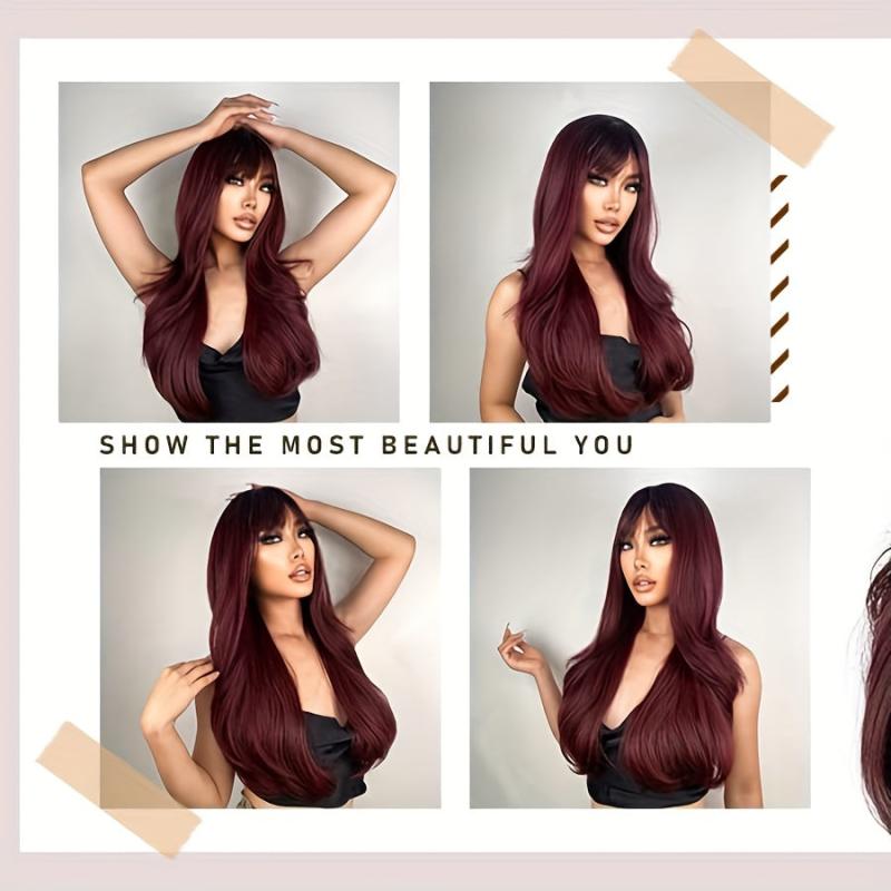 60 96 Cm Long Wavy Brown Wig with Bangs Heat Resistance Layered Wigs for Women