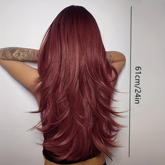 60 96 Cm Long Wavy Brown Wig with Bangs Heat Resistance Layered Wigs for Women