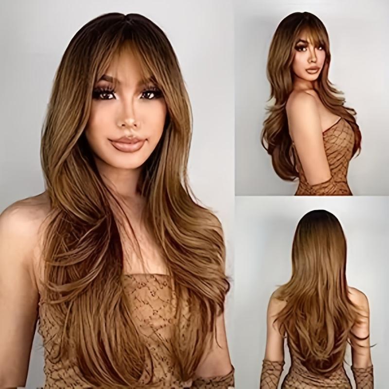 60 96 Cm Long Wavy Brown Wig with Bangs Heat Resistance Layered Wigs for Women