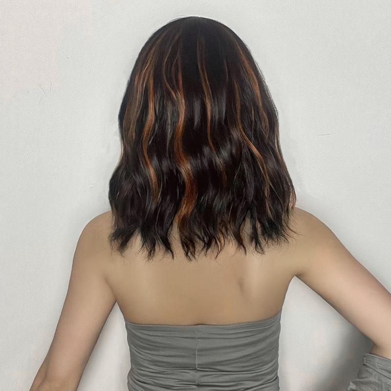 Short Brown Wavy Bob Wig with Bangs