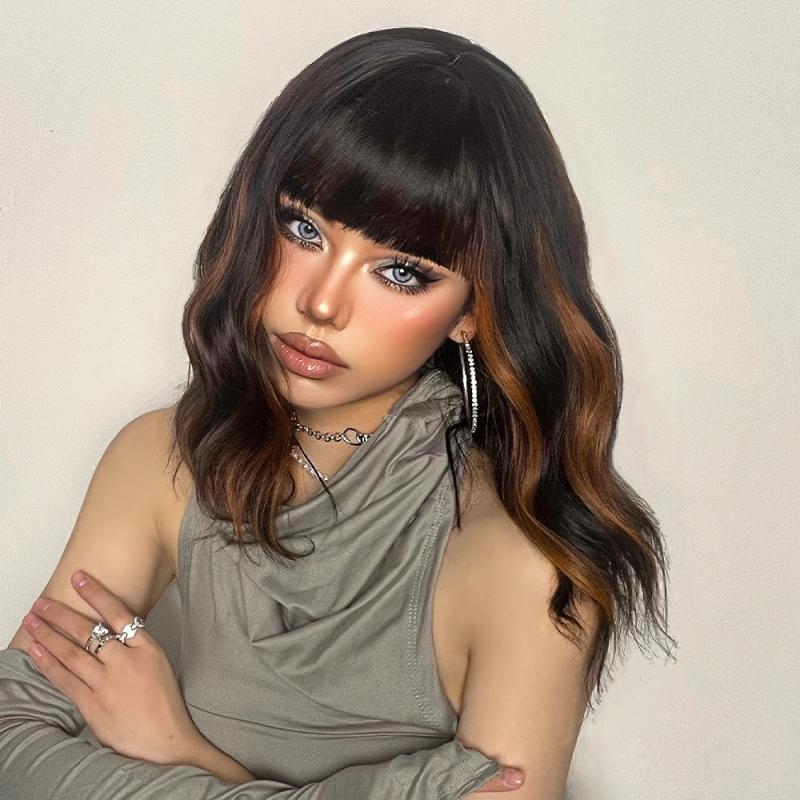 Short Brown Wavy Bob Wig with Bangs