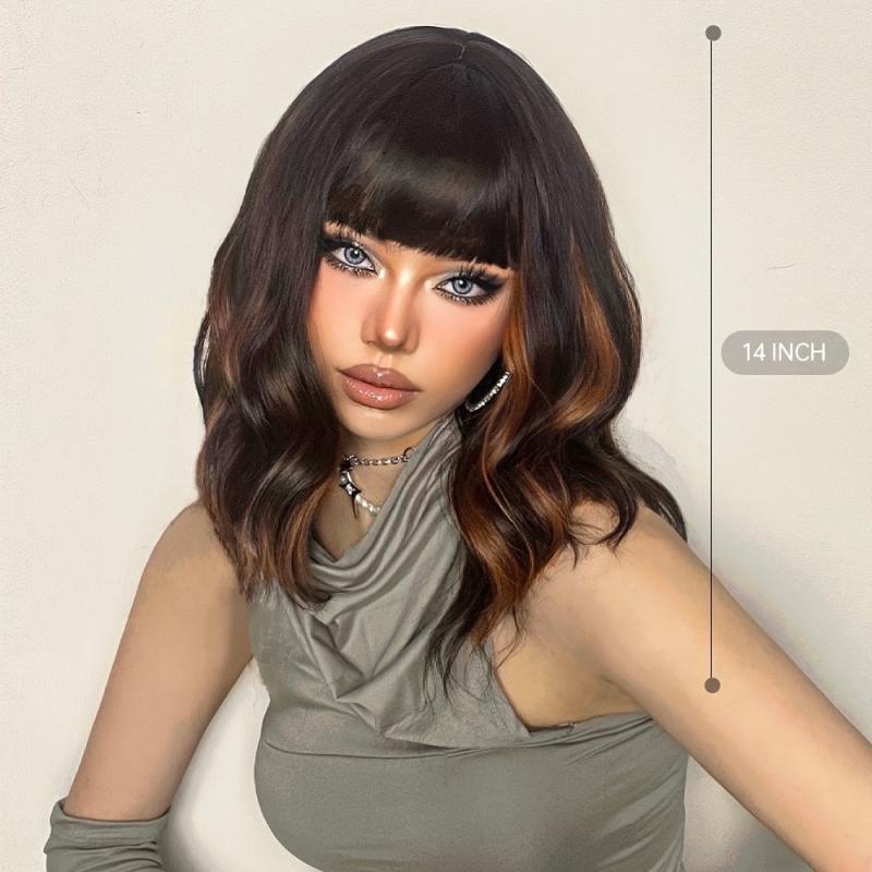 Short Brown Wavy Bob Wig with Bangs