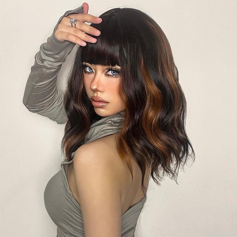 Short Brown Wavy Bob Wig with Bangs