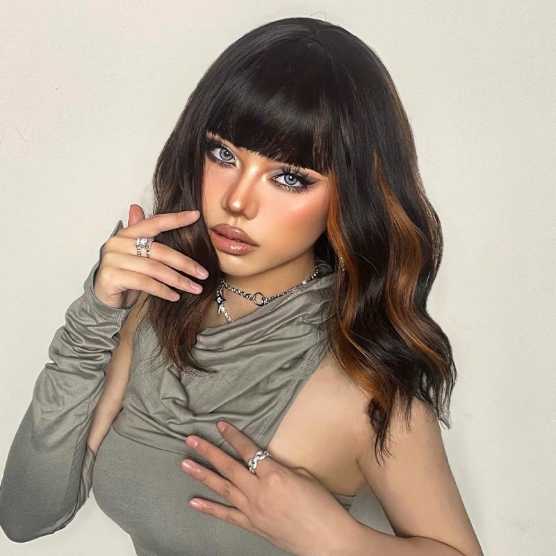 Short Brown Wavy Bob Wig with Bangs