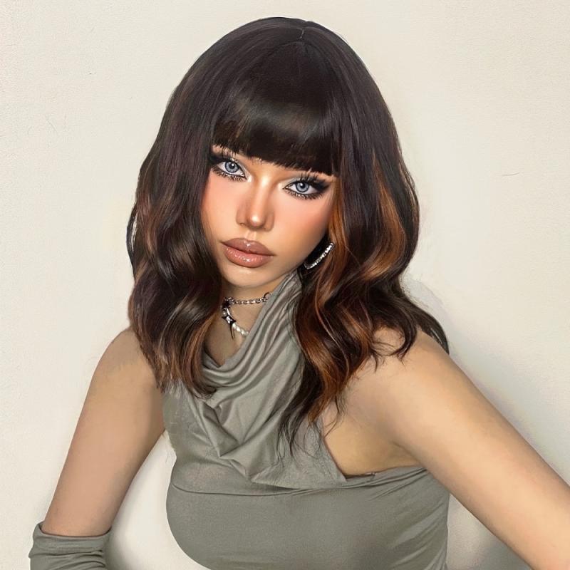 Short Brown Wavy Bob Wig with Bangs