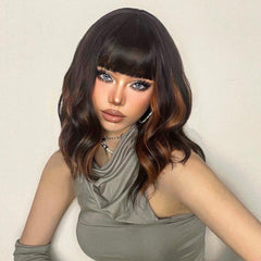 Short Brown Wavy Bob Wig with Bangs