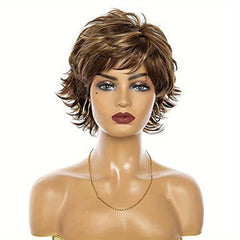 Dark Brown Mixed Blonde Curly Pixie Cut Wigs for Women with Bangs