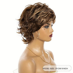 Dark Brown Mixed Blonde Curly Pixie Cut Wigs for Women with Bangs