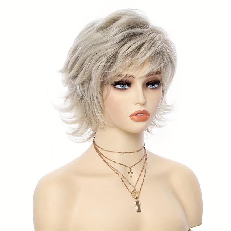 Dark Brown Mixed Blonde Curly Pixie Cut Wigs for Women with Bangs
