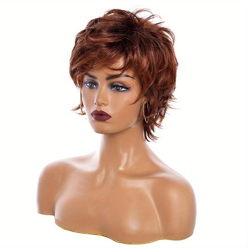 Dark Brown Mixed Blonde Curly Pixie Cut Wigs for Women with Bangs
