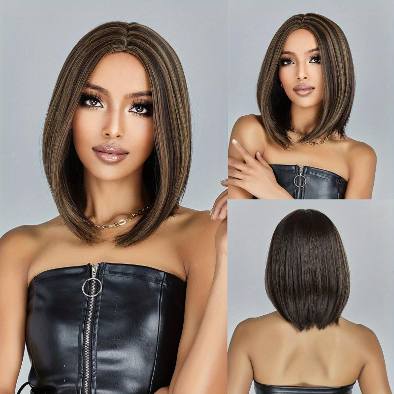 Brown 35 56 Cm Short Bob Wigs Blonde Highlight Synthetic Fiber None Lace Wigs