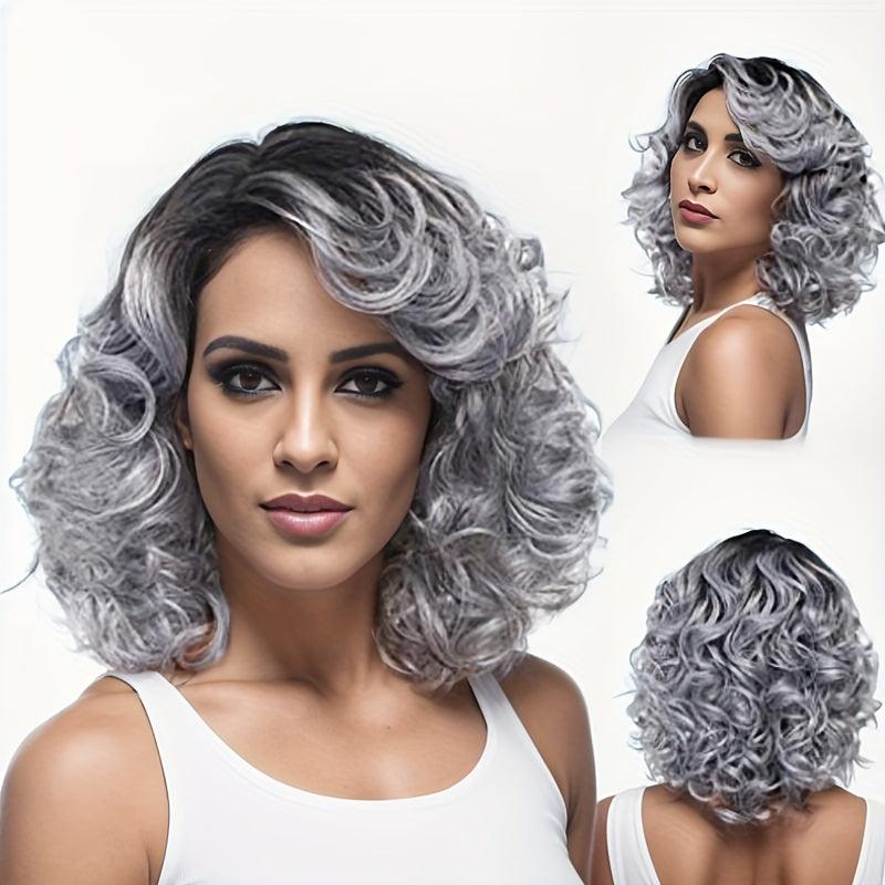 Short Gray Mixed Light Brown Curly Wig Heat Resistant Synthetic Fiber Wig