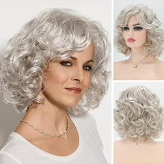 Short Gray Mixed Light Brown Curly Wig Heat Resistant Synthetic Fiber Wig