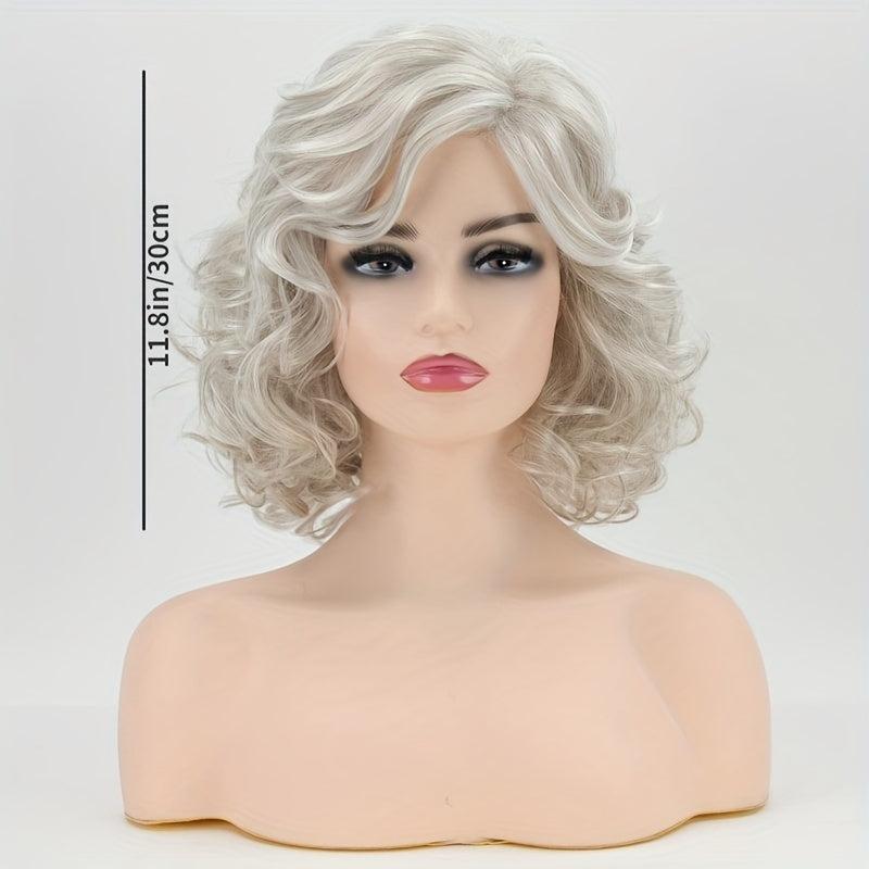 Short Gray Mixed Light Brown Curly Wig Heat Resistant Synthetic Fiber Wig