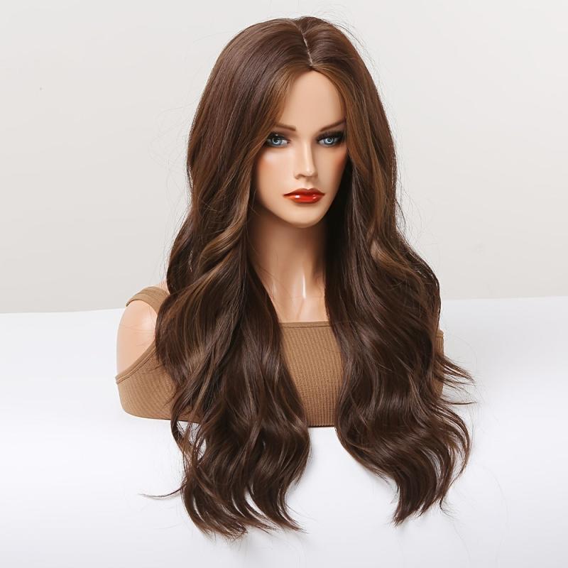 Long Dark Brown Wavy Curly Hair Wig With Fringe for Women