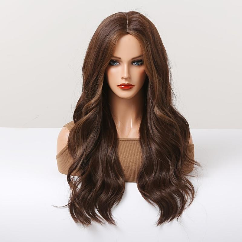 Long Dark Brown Wavy Curly Hair Wig With Fringe for Women