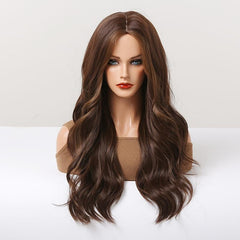 Long Dark Brown Wavy Curly Hair Wig With Fringe for Women