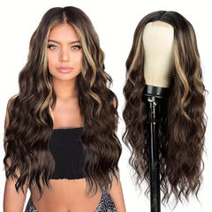 Long Curly Straight Lace Front Wig Dark Brown Mix Coffee Brown Synthetic Hair