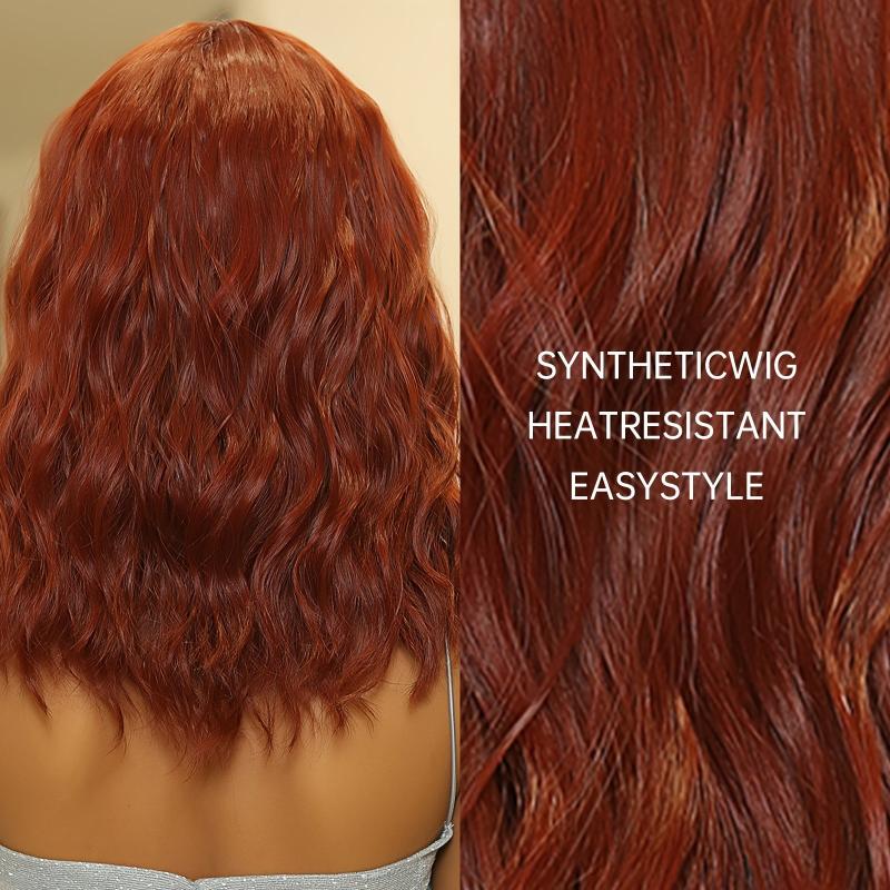 Short Bob Wavy Wig With Bangs Ombre Red Shoulder Length Synthetic Wigs