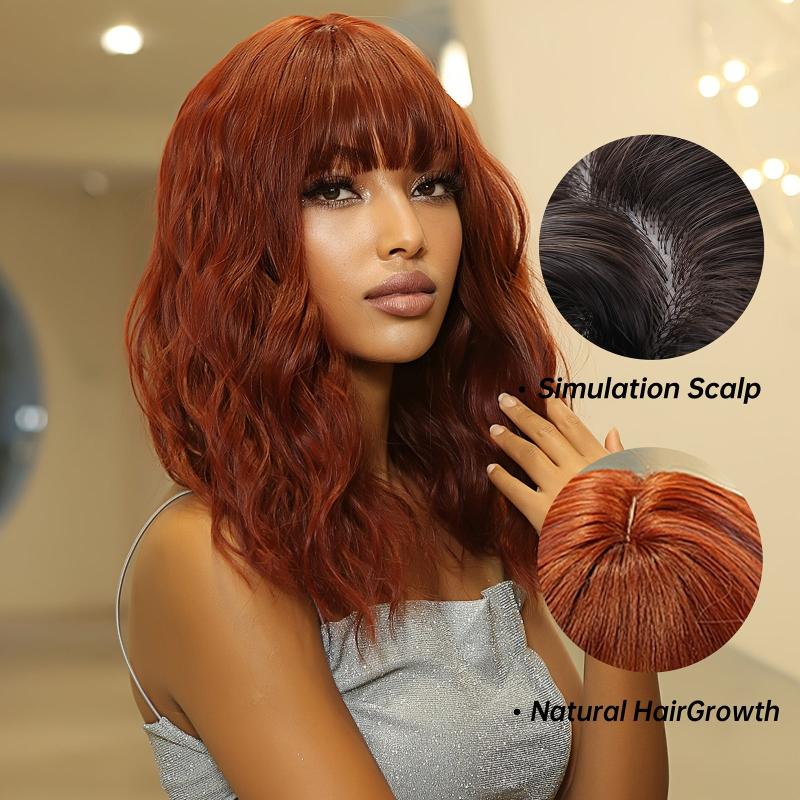 Short Bob Wavy Wig With Bangs Ombre Red Shoulder Length Synthetic Wigs