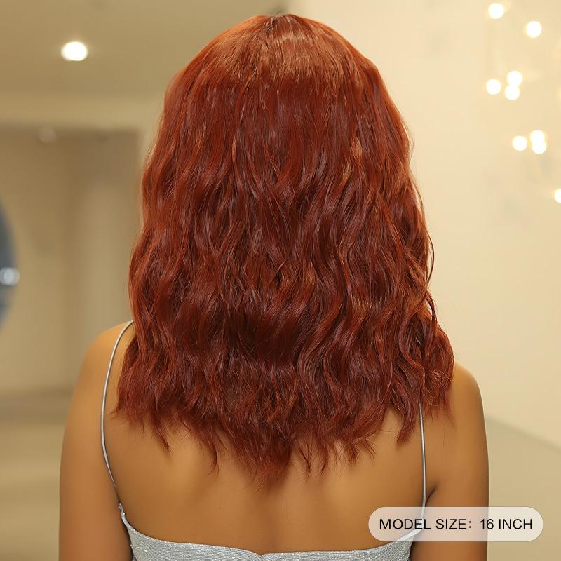 Short Bob Wavy Wig With Bangs Ombre Red Shoulder Length Synthetic Wigs