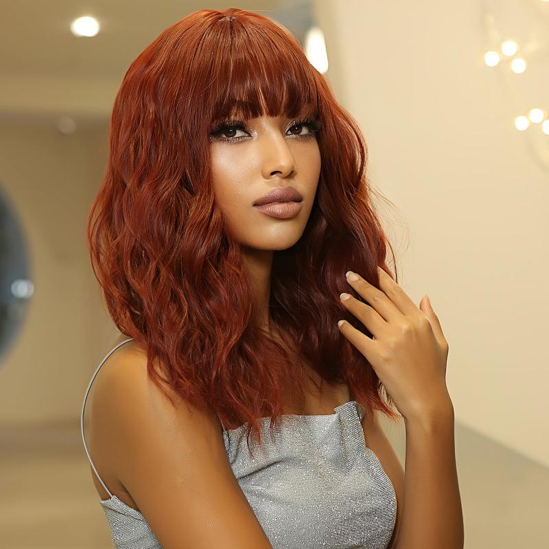 Short Bob Wavy Wig With Bangs Ombre Red Shoulder Length Synthetic Wigs