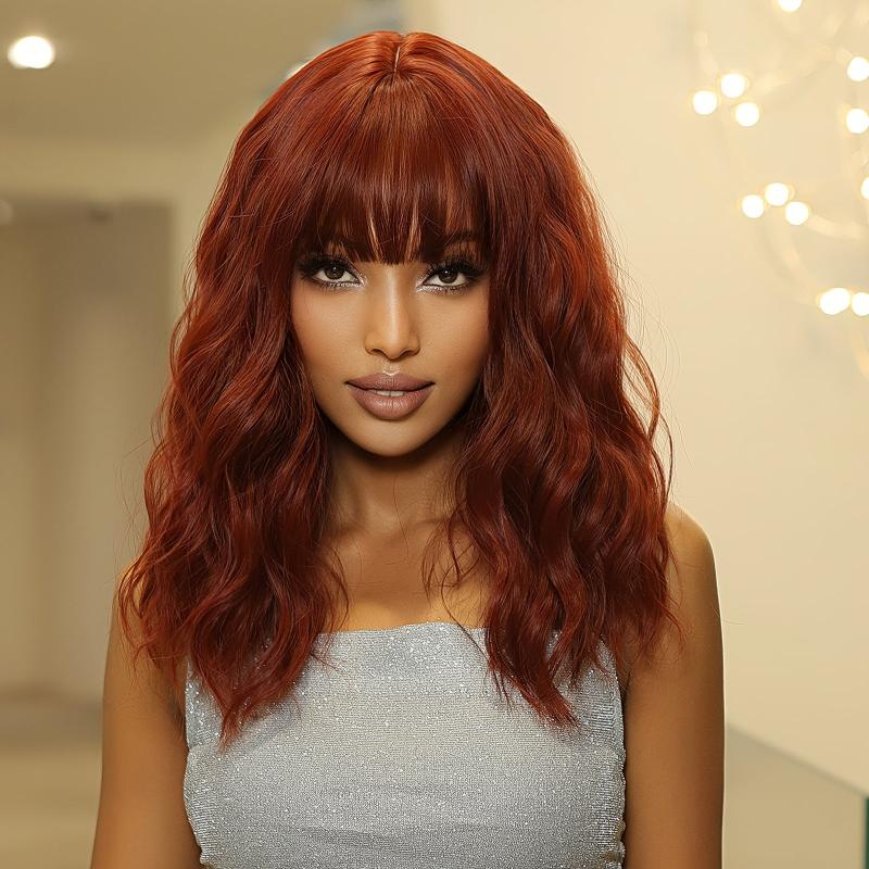 Short Bob Wavy Wig With Bangs Ombre Red Shoulder Length Synthetic Wigs