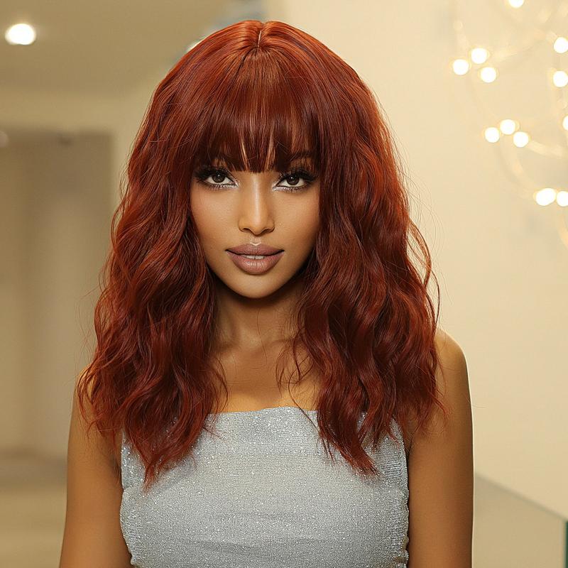 Short Bob Wavy Wig With Bangs Ombre Red Shoulder Length Synthetic Wigs