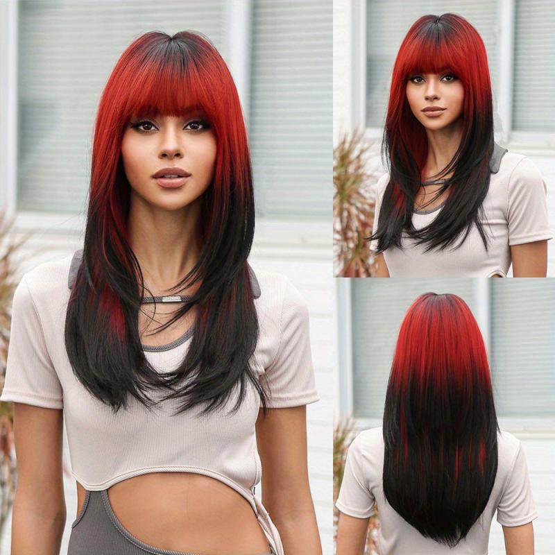 Punk Style Red Swirls Straight Hair Long Synthetic Wig