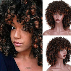 Brown Afro Kinky Curly Wig with Bangs Synthetic Natural Glueless Cosplay Wig