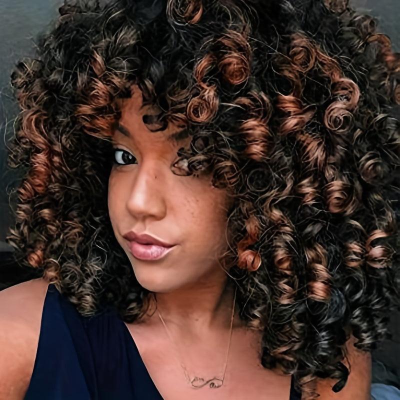 Brown Afro Kinky Curly Wig with Bangs Synthetic Natural Glueless Cosplay Wig