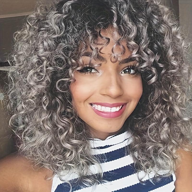 Brown Afro Kinky Curly Wig with Bangs Synthetic Natural Glueless Cosplay Wig