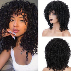 Brown Afro Kinky Curly Wig with Bangs Synthetic Natural Glueless Cosplay Wig