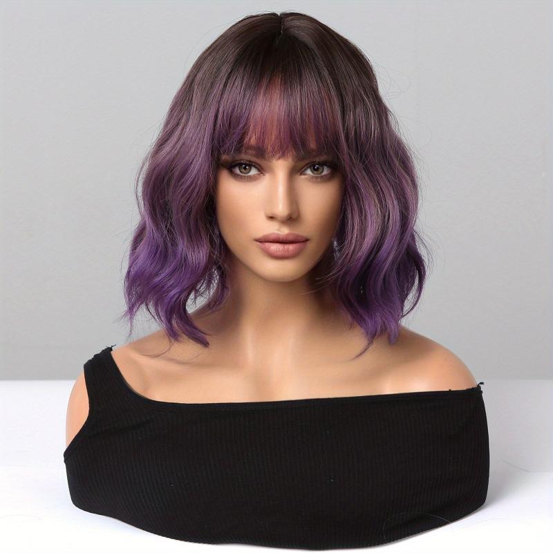 Long Wavy Curly Hair Wig Brown Ombre Purple 35 56 Cm with Bangs